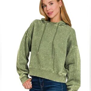 Zenana Acid Wash Hoodie in Lt. Olive NWOT